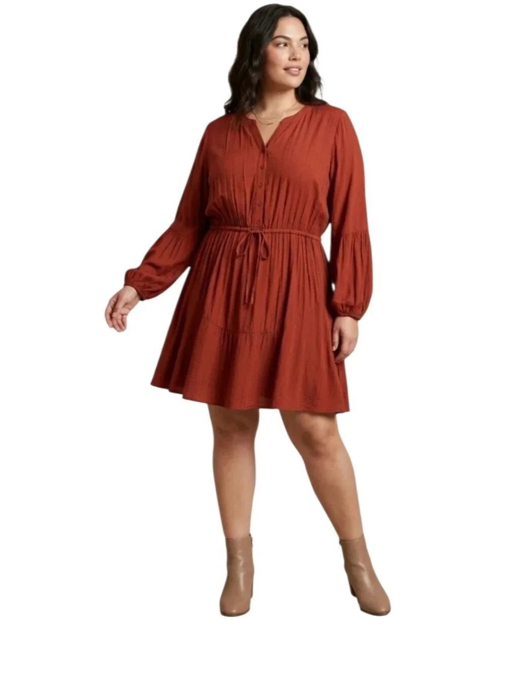 NWT Maurice's Rust Red Textured Balloon Sleeve Boho Mini Dress W/ Long Sleeves